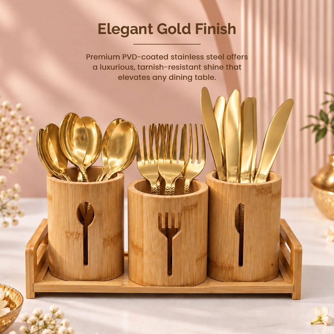 Gold Laser Cutlery Set with Wooden Tray