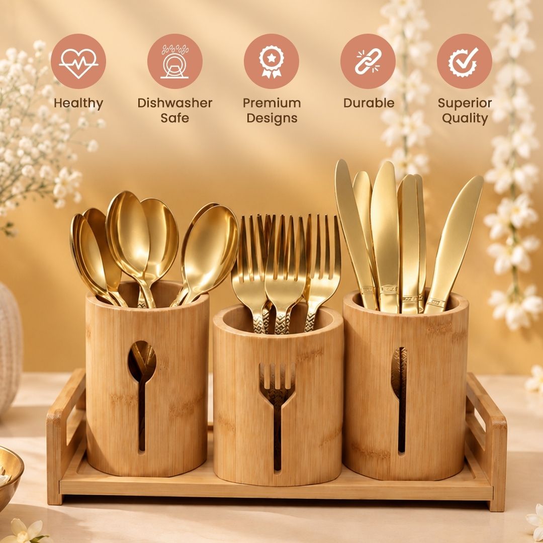 Gold Laser Cutlery Set with Wooden Tray
