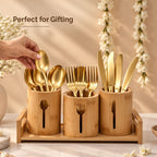 Gold Laser Cutlery Set with Wooden Tray