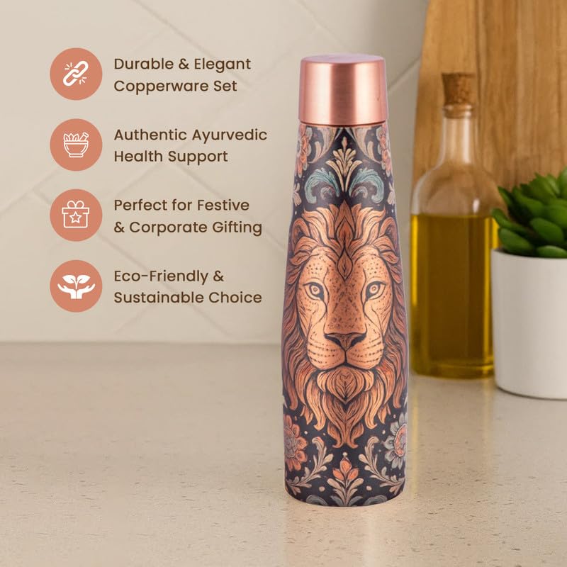 Designer Copper Bottle & Glass Set with Lion Motif