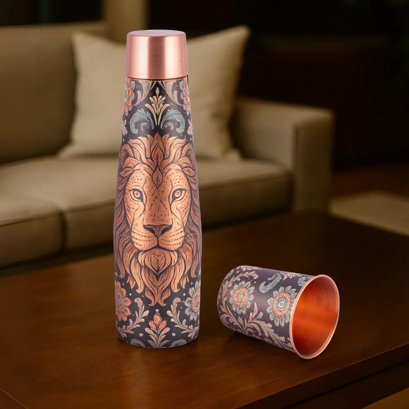 Designer Copper Bottle & Glass Set with Lion Motif