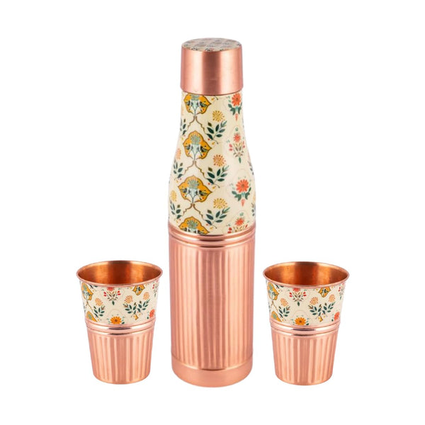 Handcrafted Floral Engraved Copper Bottle & Glass Set