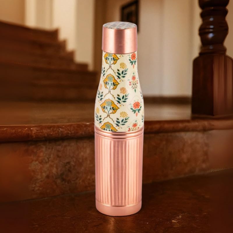Handcrafted Floral Engraved Copper Bottle & Glass Set