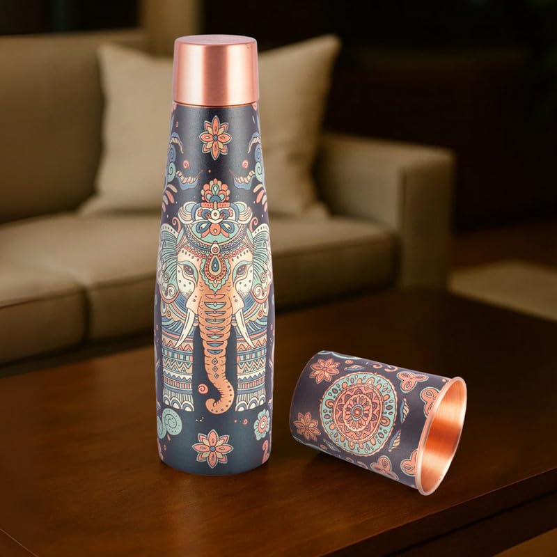 Copper Bottle & Glass Set with Elephant & Mandala Design