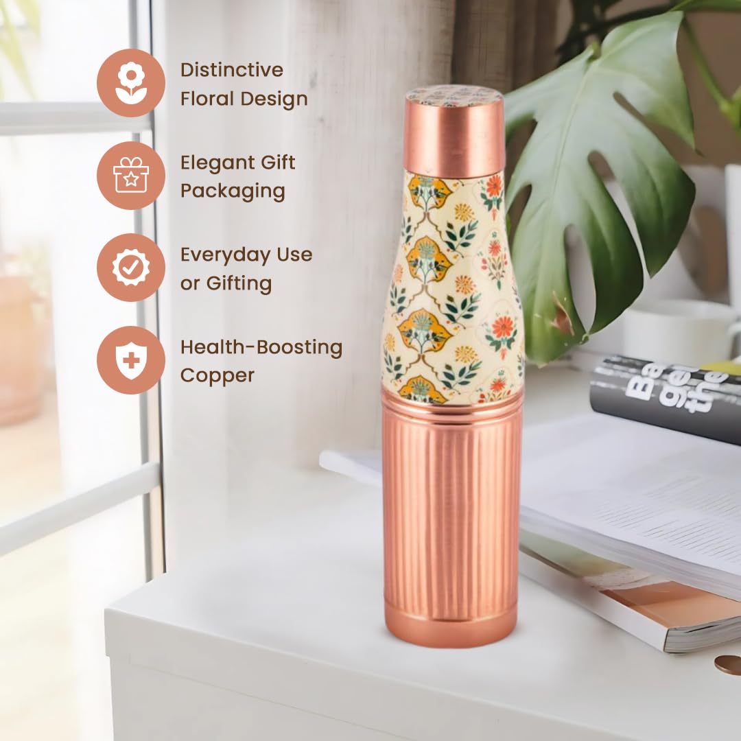 Handcrafted Floral Engraved Copper Bottle & Glass Set