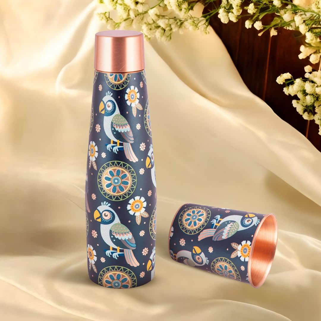 Artistic Copper Bottle & Glass Gift Set with Blue Mandala Print