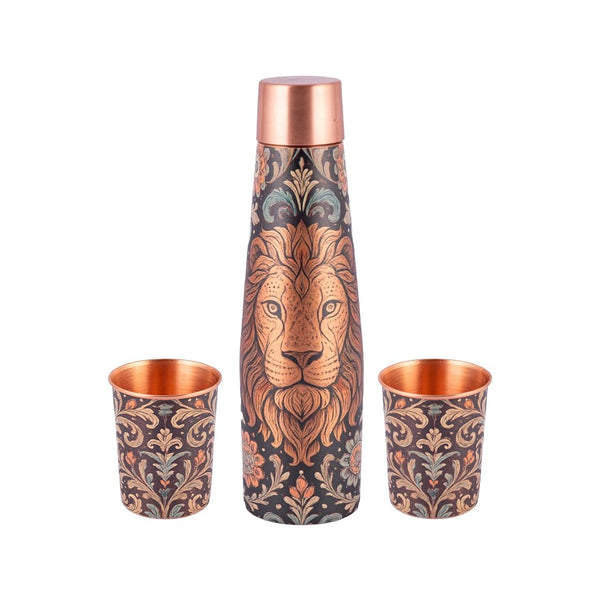 Designer Copper Bottle & Glass Set with Lion Motif