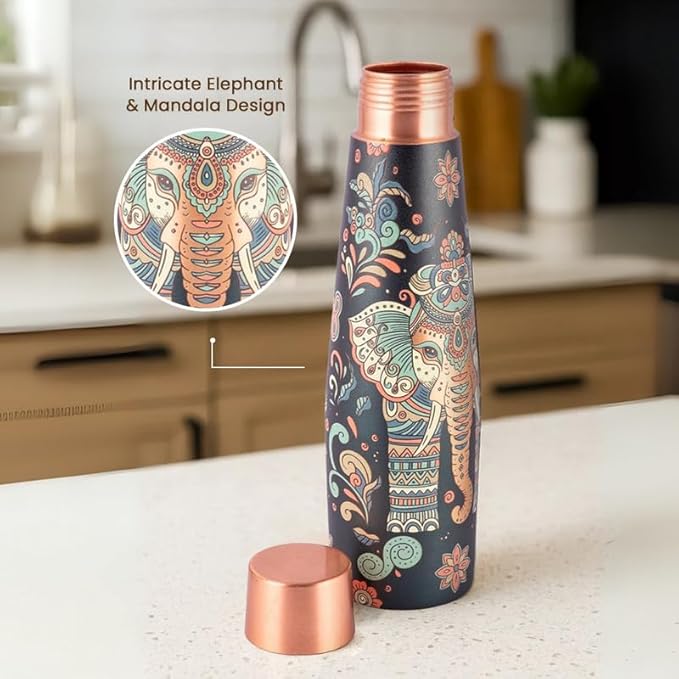 Copper Bottle & Glass Set with Elephant & Mandala Design