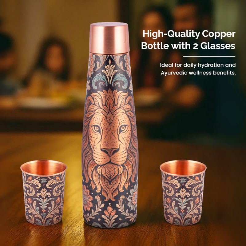 Designer Copper Bottle & Glass Set with Lion Motif