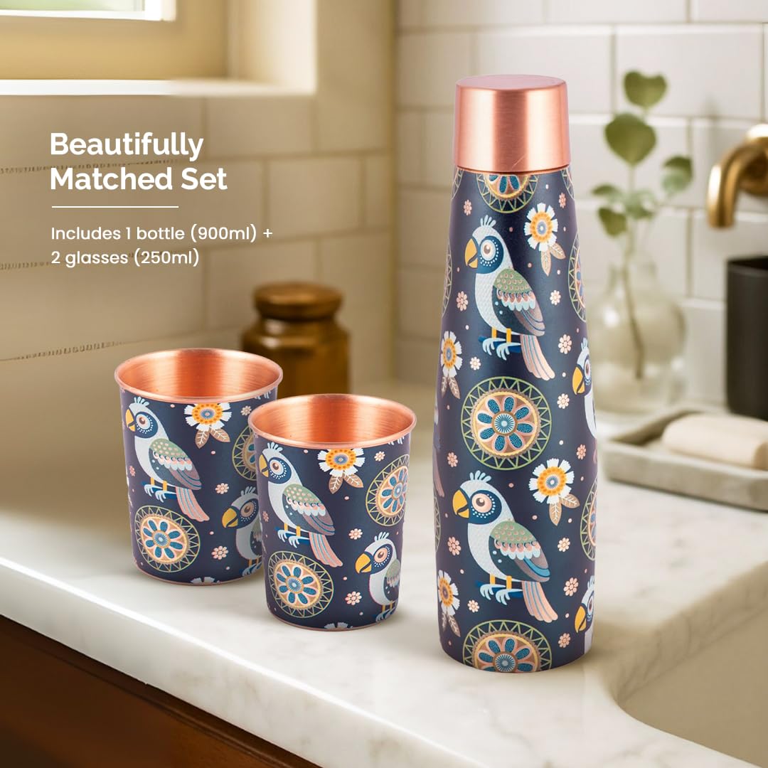 Artistic Copper Bottle & Glass Gift Set with Blue Mandala Print
