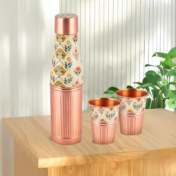 Handcrafted Floral Engraved Copper Bottle & Glass Set - alternate view
