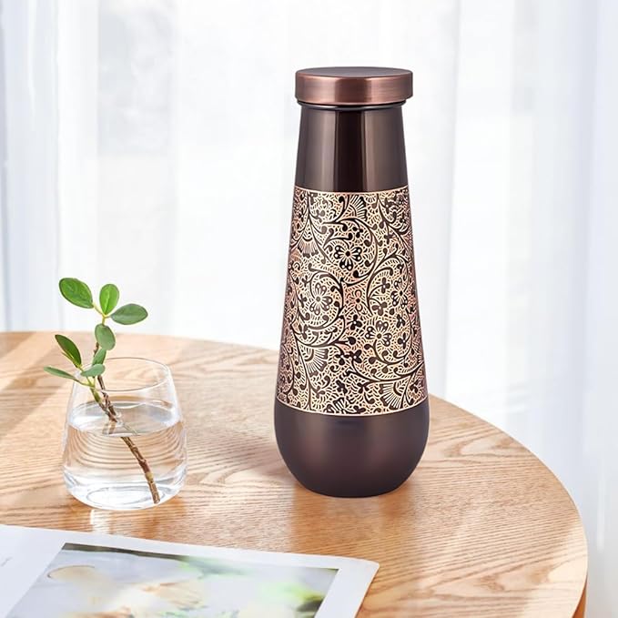 Designer Copper Bottle with Black & Copper Floral Etching