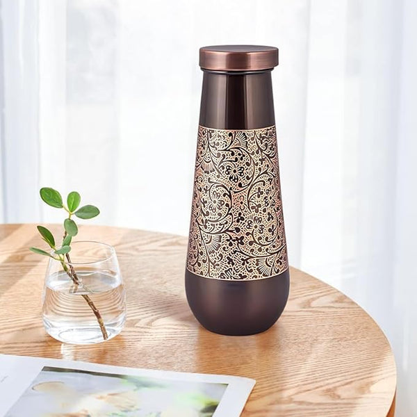 Designer Copper Bottle with Black & Copper Floral Etching - alternate view