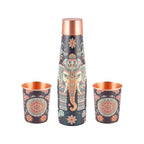 Copper Bottle & Glass Set with Elephant & Mandala Design