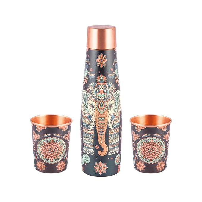 Copper Bottle & Glass Set with Elephant & Mandala Design