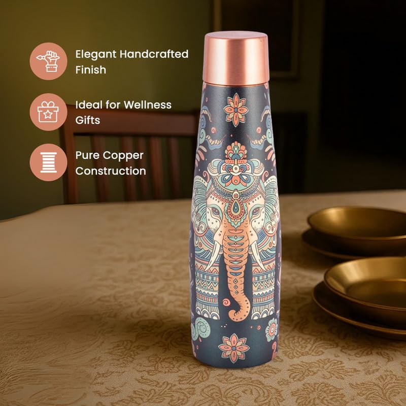 Copper Bottle & Glass Set with Elephant & Mandala Design