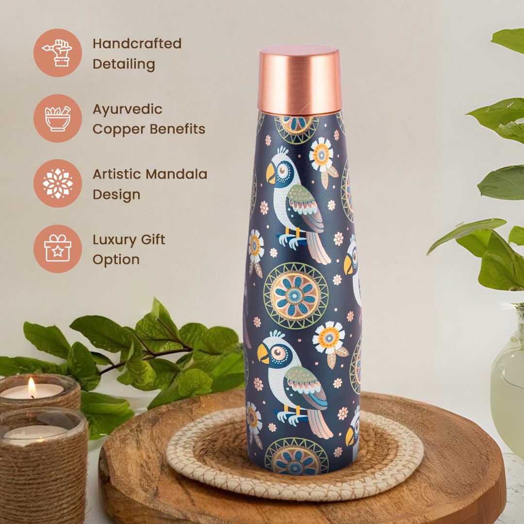 Artistic Copper Bottle & Glass Gift Set with Blue Mandala Print