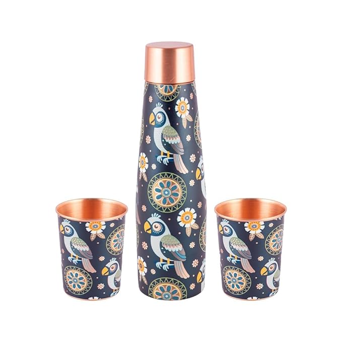 Artistic Copper Bottle & Glass Gift Set with Blue Mandala Print
