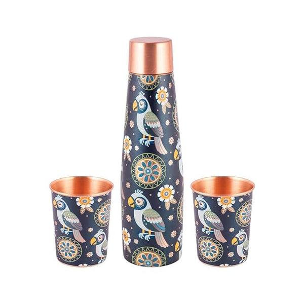 Artistic Copper Bottle & Glass Gift Set with Blue Mandala Print