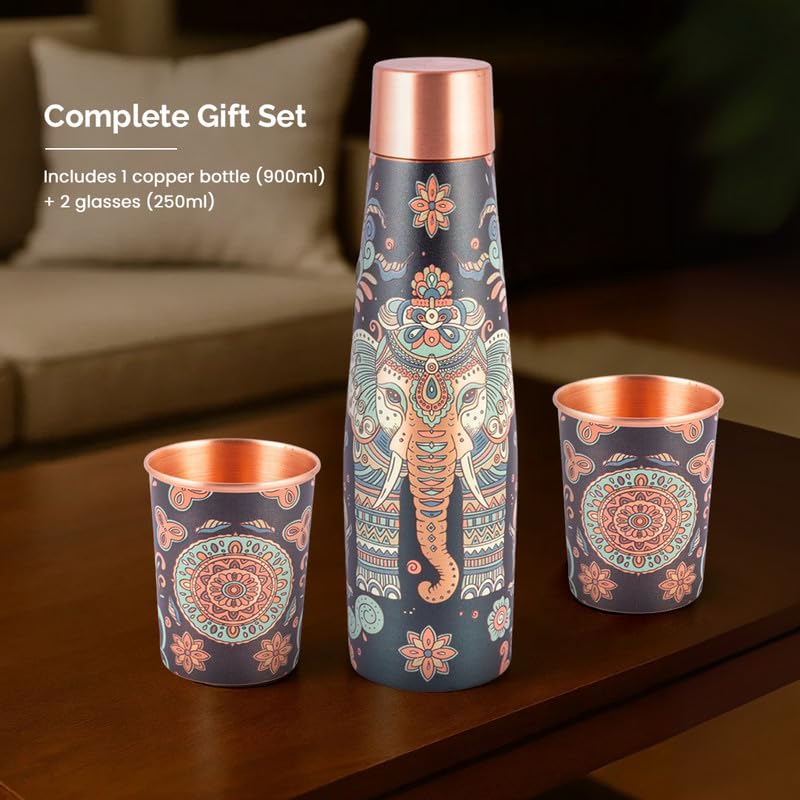 Copper Bottle & Glass Set with Elephant & Mandala Design
