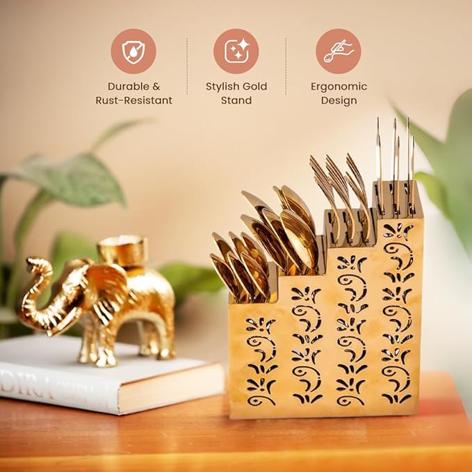VIP Luxe 24-Piece Gold Cutlery Set with Stand