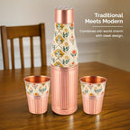 Handcrafted Floral Engraved Copper Bottle & Glass Set