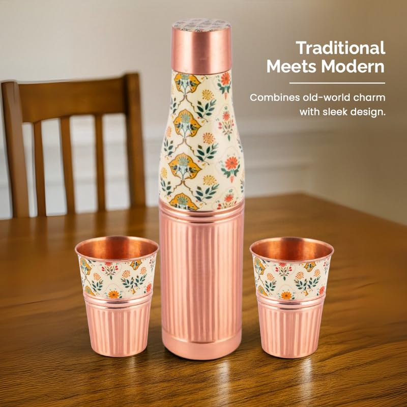 Handcrafted Floral Engraved Copper Bottle & Glass Set
