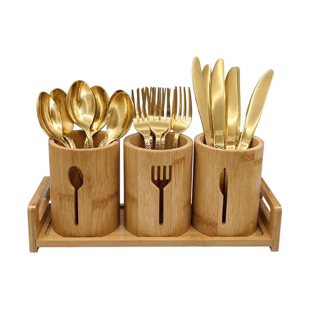 Gold Laser Cutlery Set with Wooden Tray