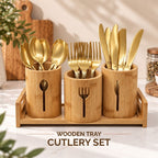 Gold Laser Cutlery Set with Wooden Tray