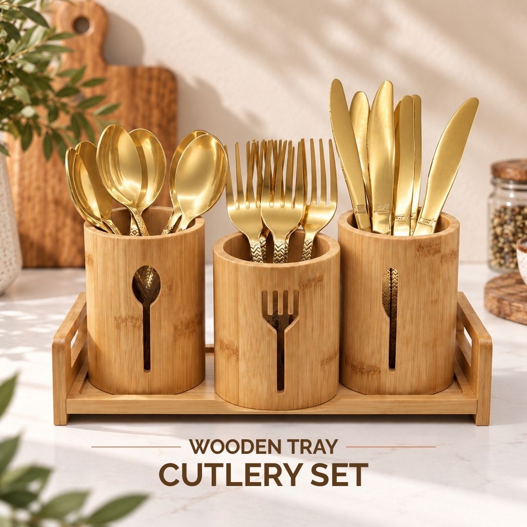 Gold Laser Cutlery Set with Wooden Tray