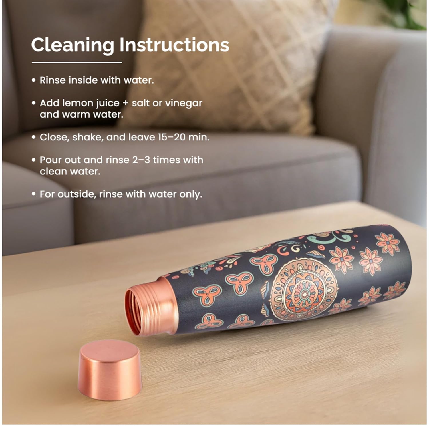 Copper Bottle & Glass Set with Elephant & Mandala Design