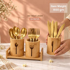 Gold Laser Cutlery Set with Wooden Tray