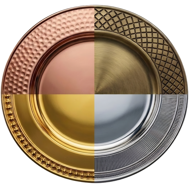 Round plate with four different material finishes on a white background